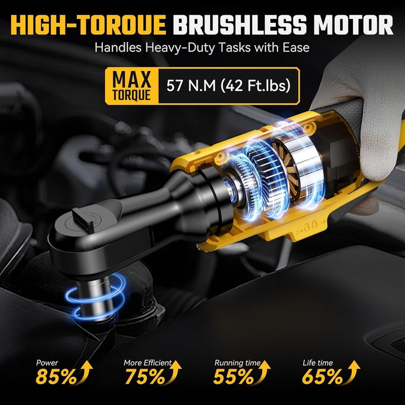 XGOBHC 3/8 Inch Cordless Ratchet Wrench for DeWalt 20V Max Battery - 42Ft-Lbs Brushless Motor Electric Ratchet Set with 0-220RPM Variable Speed, 8 Sockets, 3/8" and 1/4" Adapters,3" Extension Bar (Tool Only) - Image 2